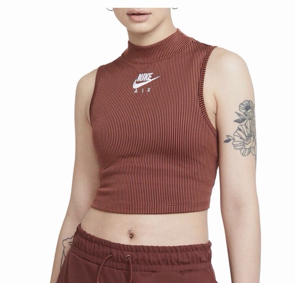 Nike Air Women's Sportswear Rib Crop Tank Top Mock Neck Slim Fit Canyon Rust Sm